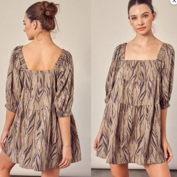 Large Mustard Seed Brown Tiger Dress Summer or Fall Autumn Flowy Puff Sleeve - Picture 9 of 9